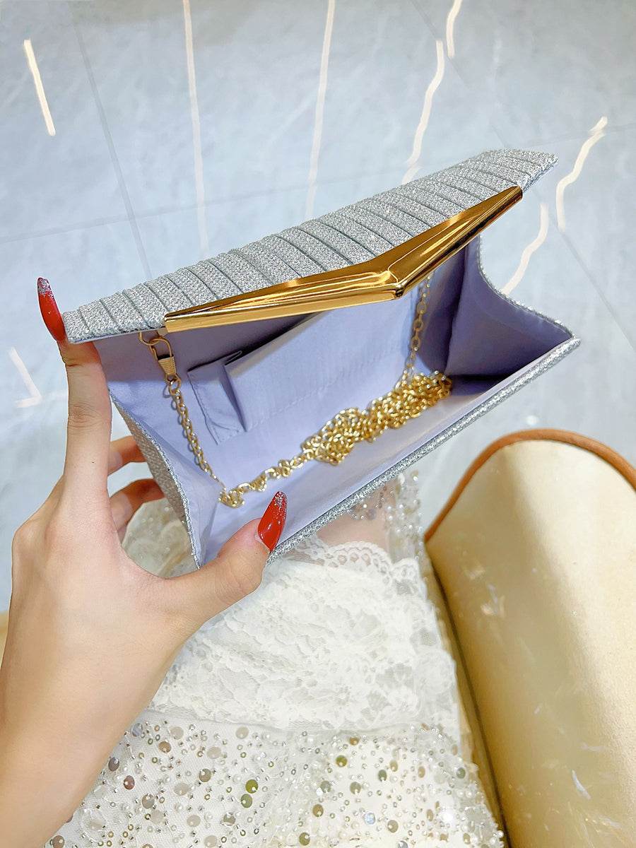Silver Glitter Ribbed Clutch with Gold V-Accent MNBF131
