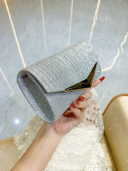 Silver Glitter Ribbed Clutch with Gold V-Accent MNBF131