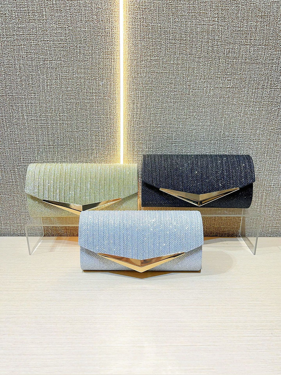 Silver Glitter Ribbed Clutch with Gold V-Accent MNBF131