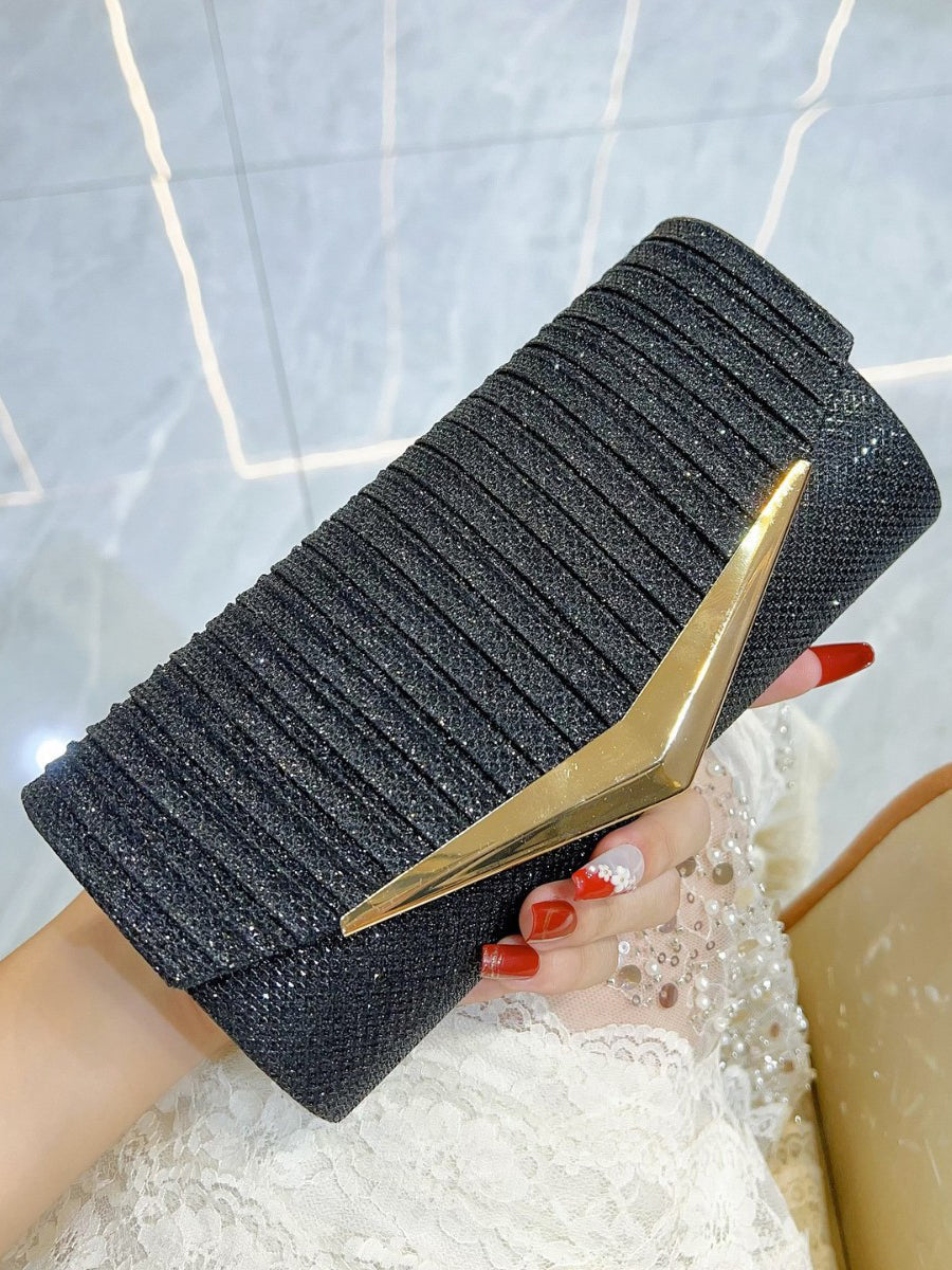 Silver Glitter Ribbed Clutch with Gold V-Accent MNBF131