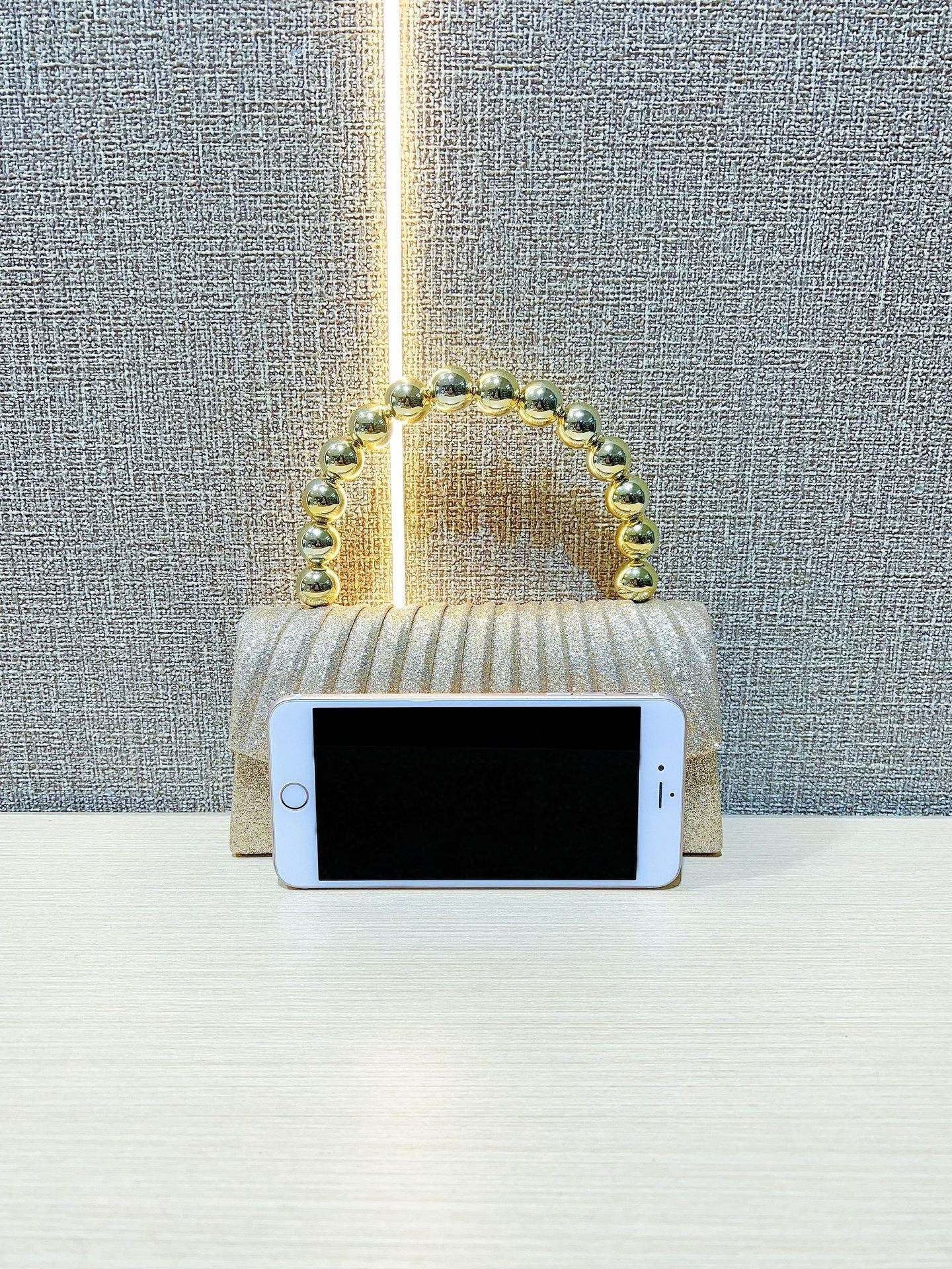 Gold Glitter Pleated Clutch with Beaded Handle MNBF133
