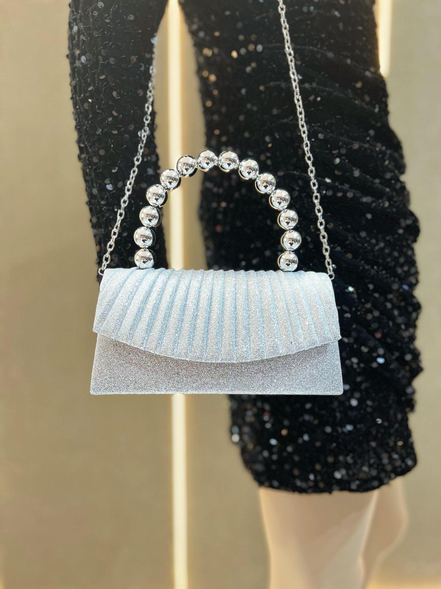 Gold Glitter Pleated Clutch with Beaded Handle MNBF133