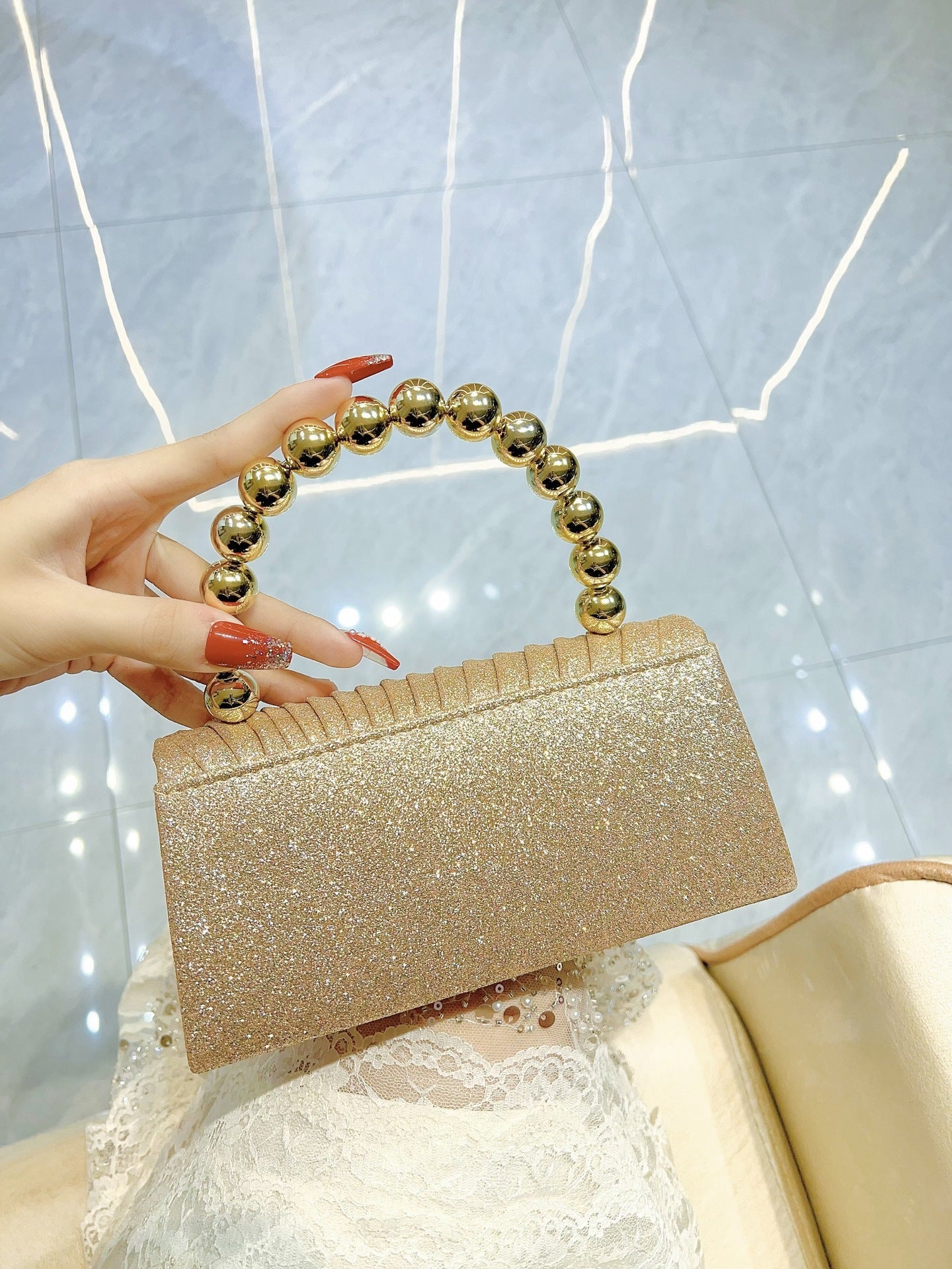 Gold Glitter Pleated Clutch with Beaded Handle MNBF133