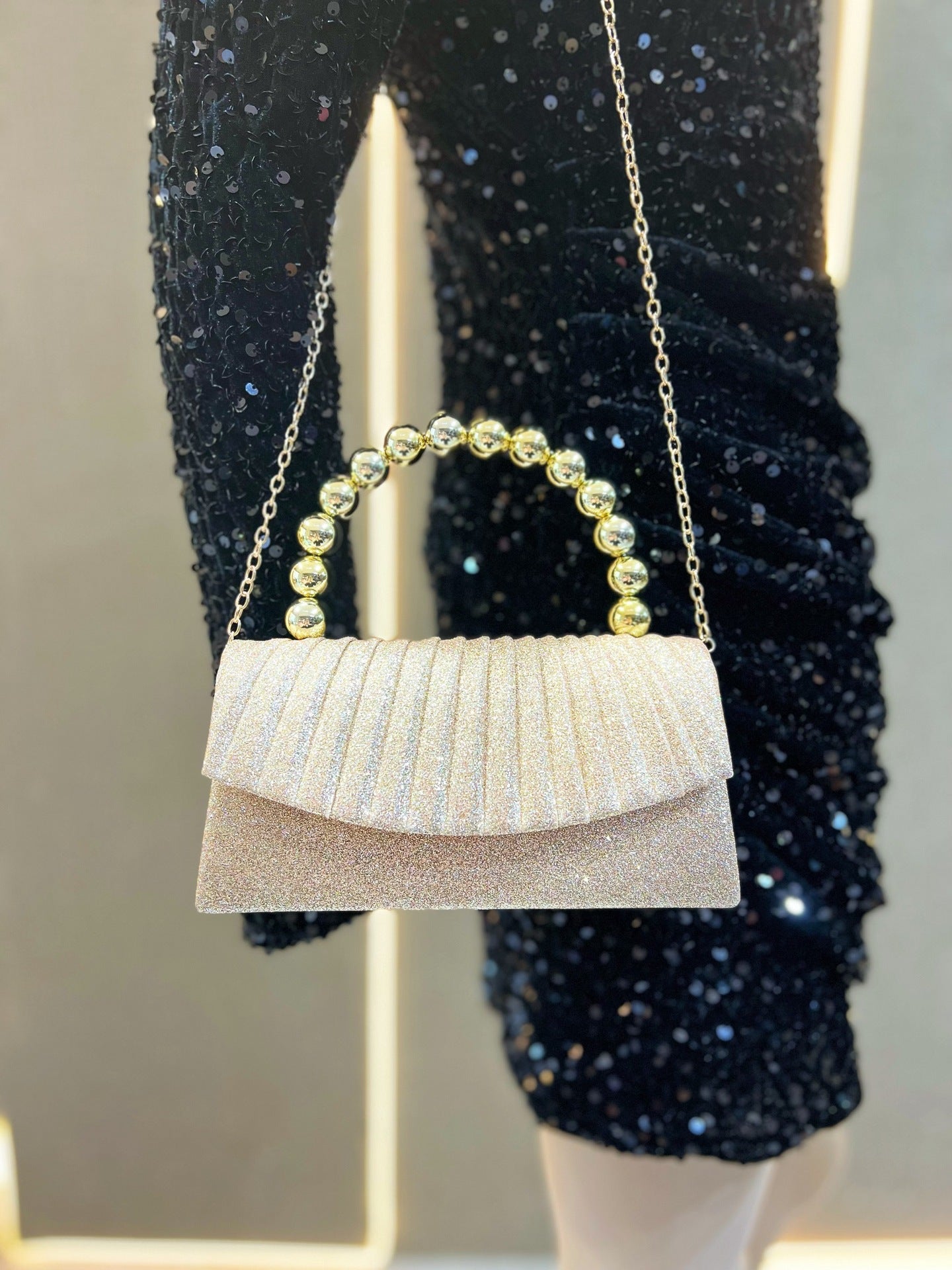 Gold Glitter Pleated Clutch with Beaded Handle MNBF133