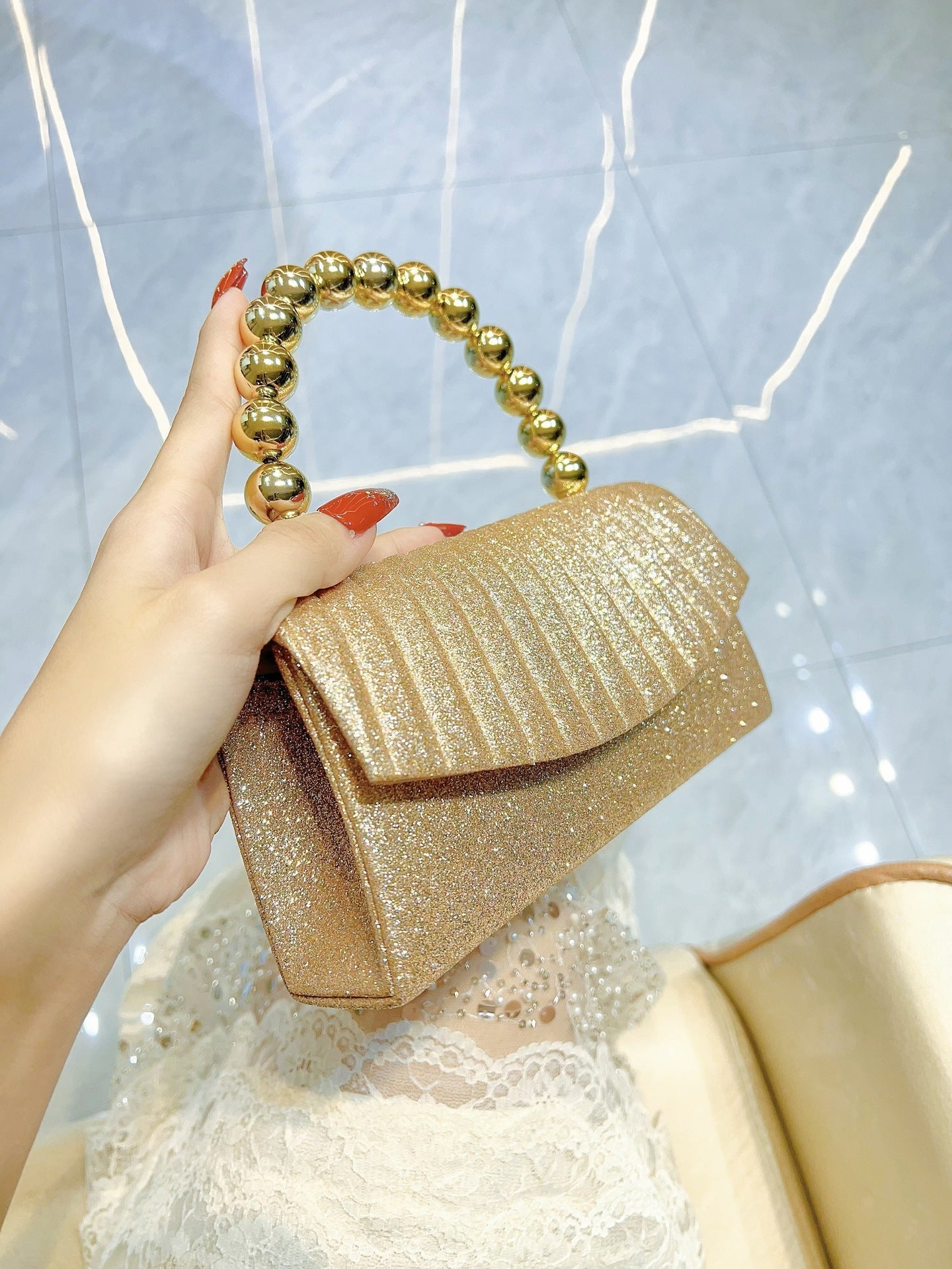 Gold Glitter Pleated Clutch with Beaded Handle MNBF133