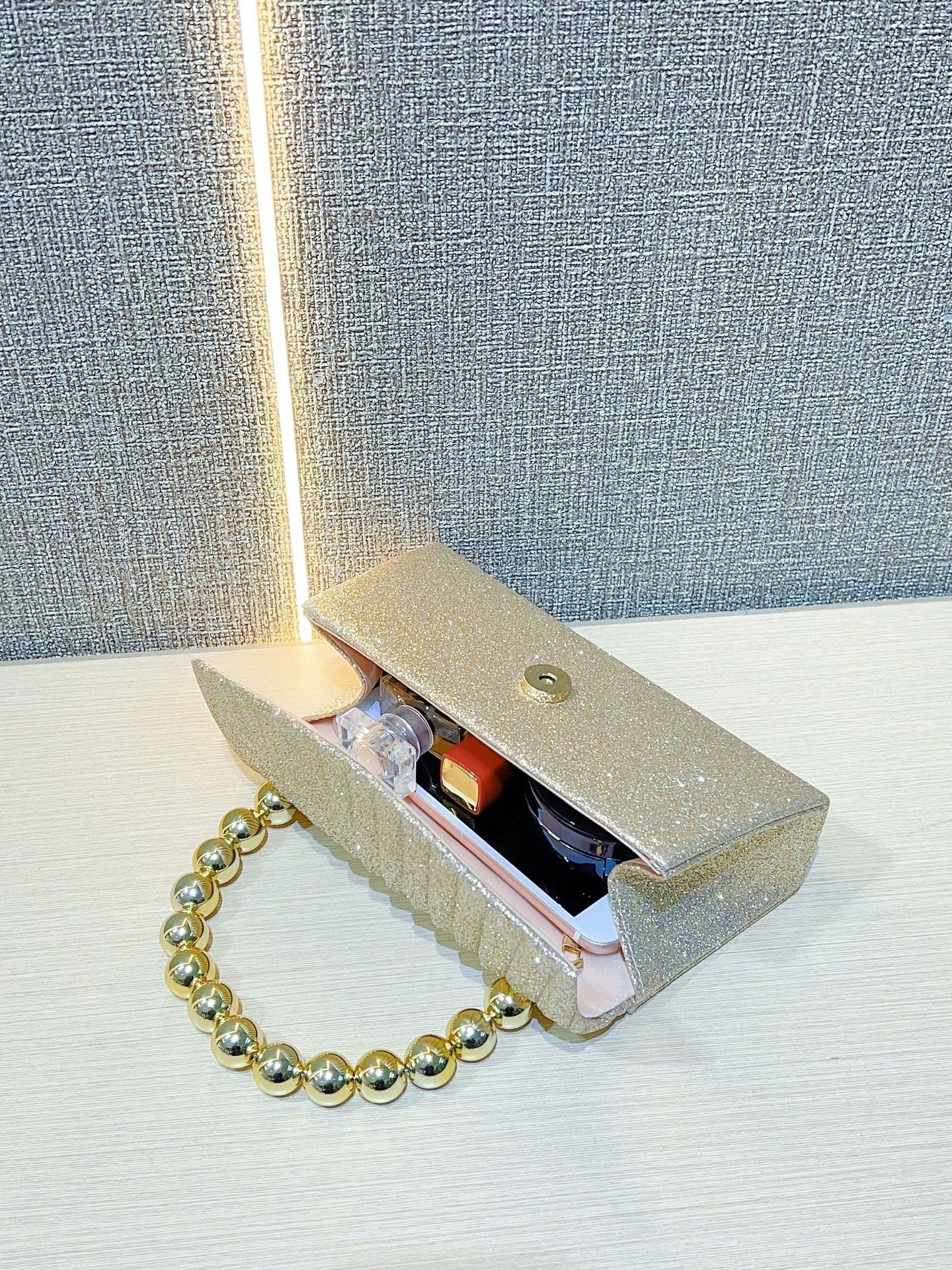 Gold Glitter Pleated Clutch with Beaded Handle MNBF133