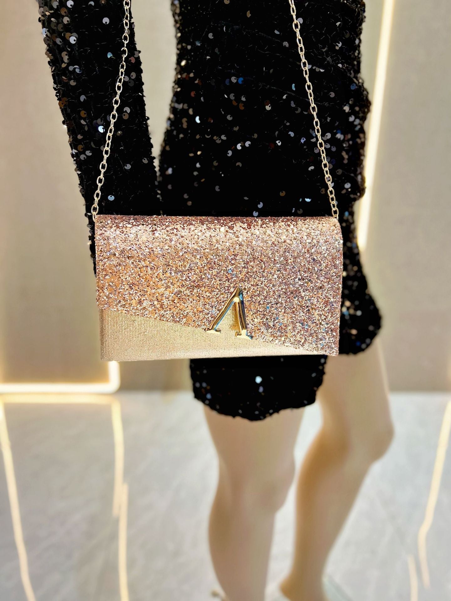 V-Shaped Metal Glitter Clutch MNBF135