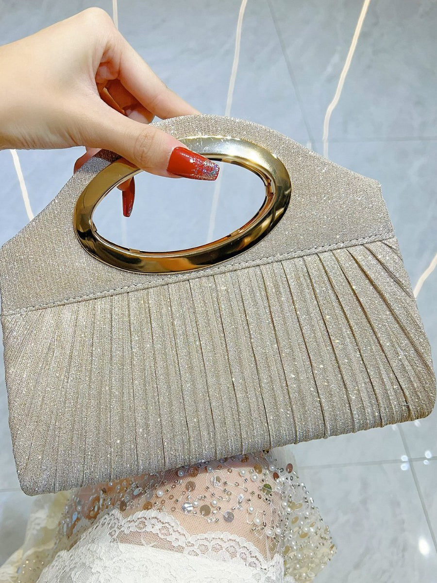 Pleated Gold Ring Handle Clutch MNBF136