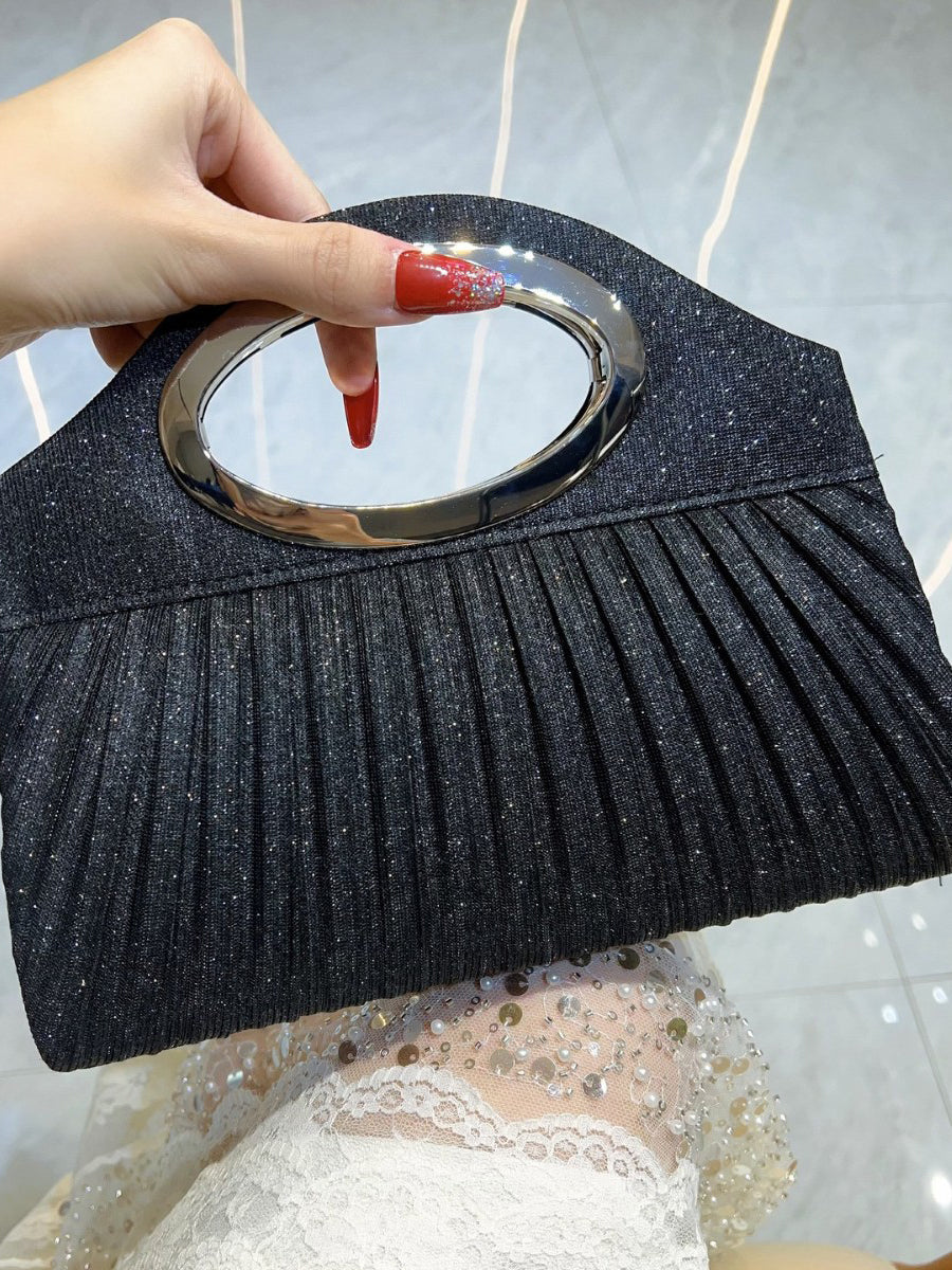Pleated Gold Ring Handle Clutch MNBF136