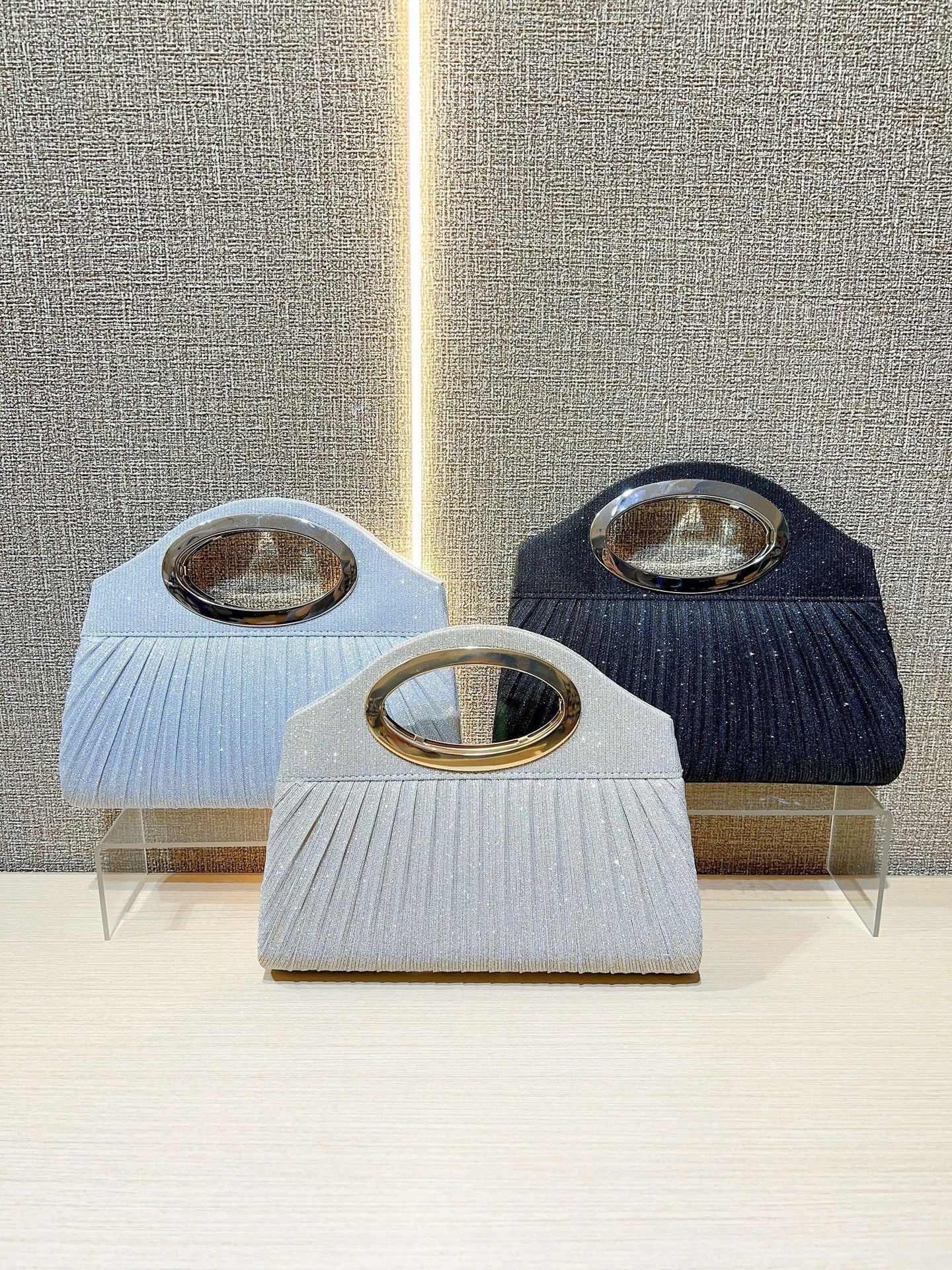 Pleated Gold Ring Handle Clutch MNBF136