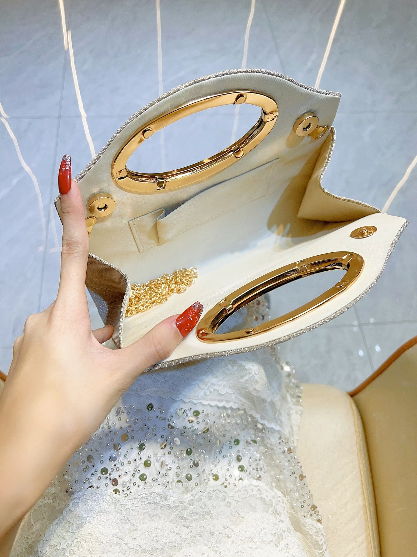 Pleated Gold Ring Handle Clutch MNBF136