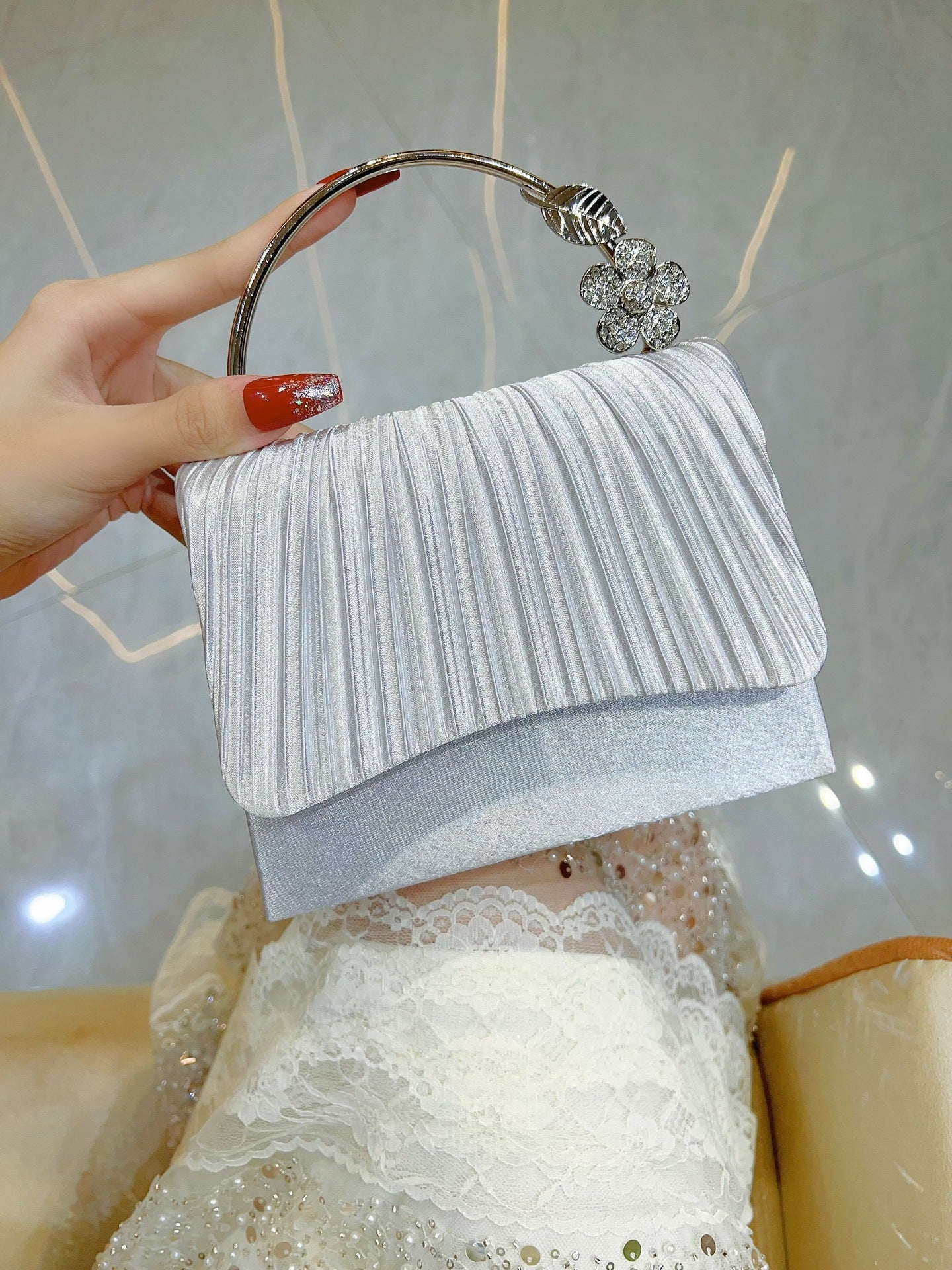 Pleated Satin Clutch with Crystal Flower Handle MNBF138
