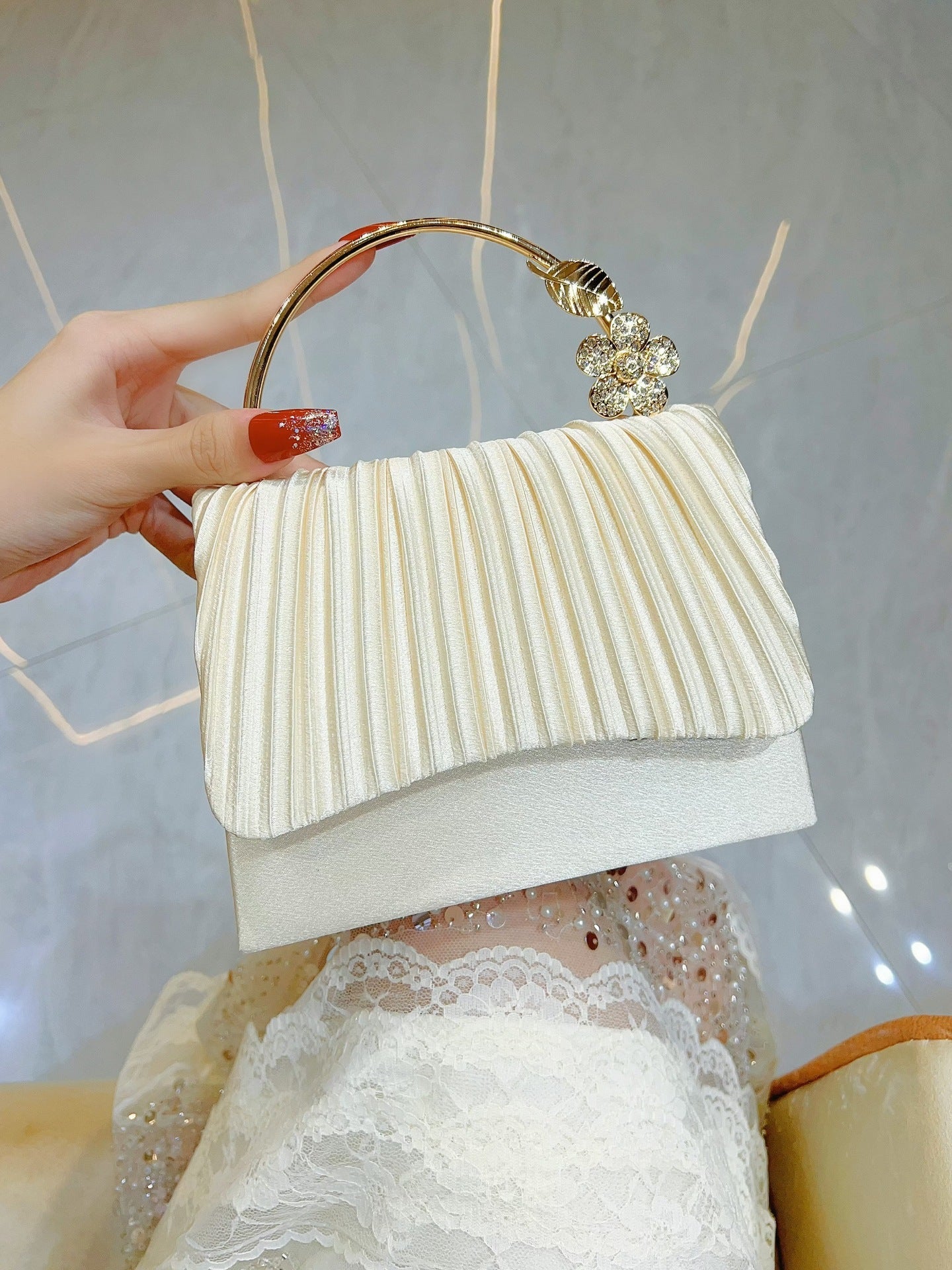 Pleated Satin Clutch with Crystal Flower Handle MNBF138