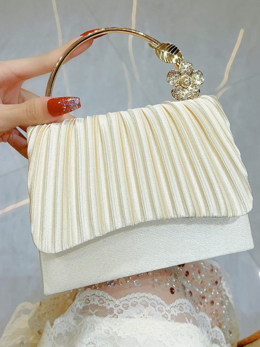 Pleated Satin Clutch with Crystal Flower Handle MNBF138