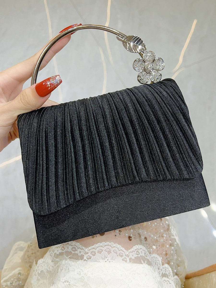 Pleated Satin Clutch with Crystal Flower Handle MNBF138