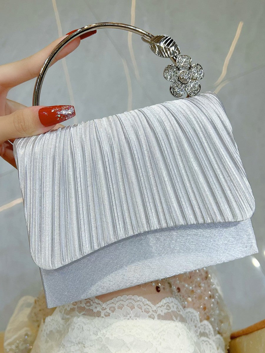 Pleated Satin Clutch with Crystal Flower Handle MNBF138