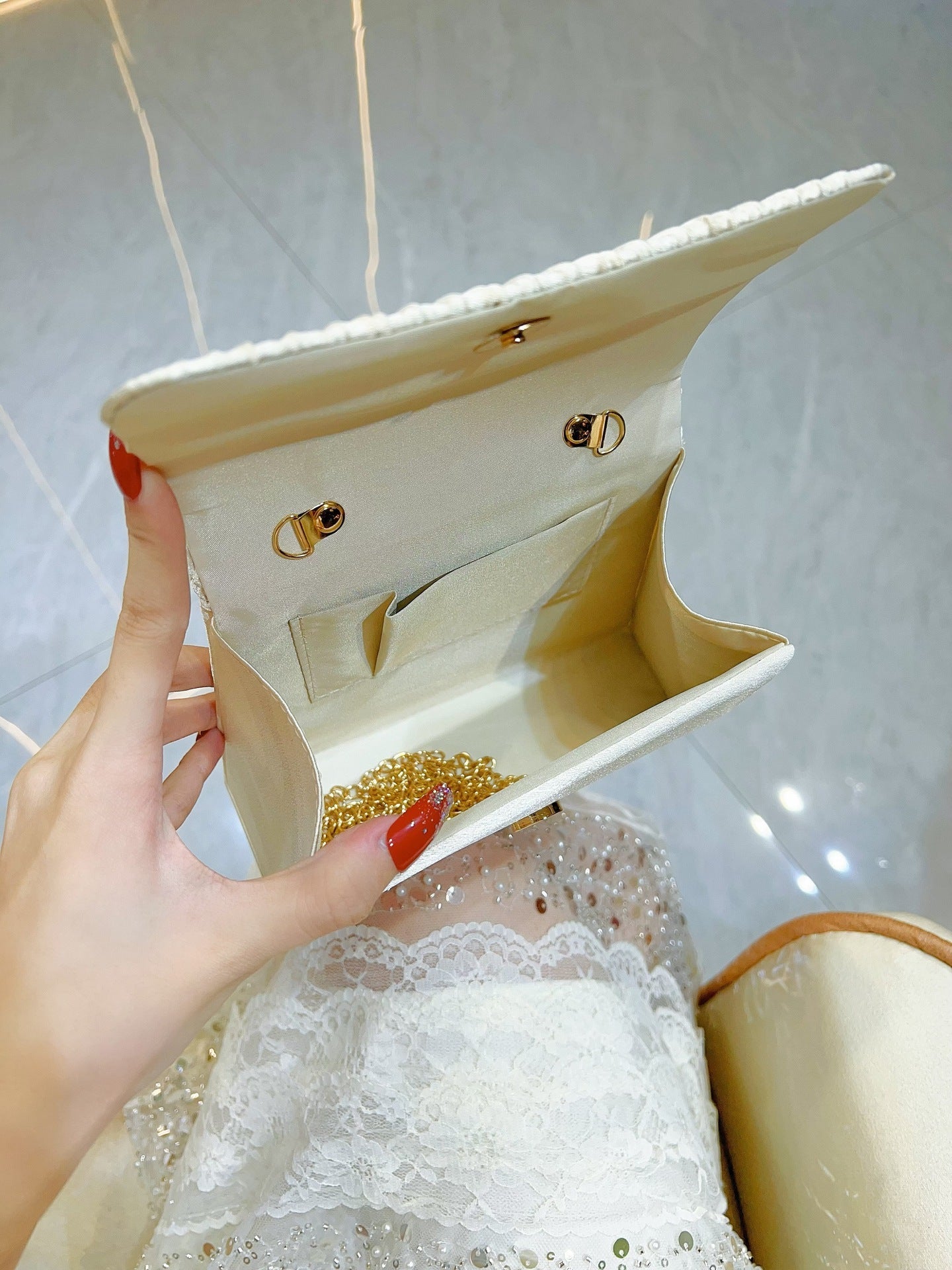 Pleated Satin Clutch with Crystal Flower Handle MNBF138
