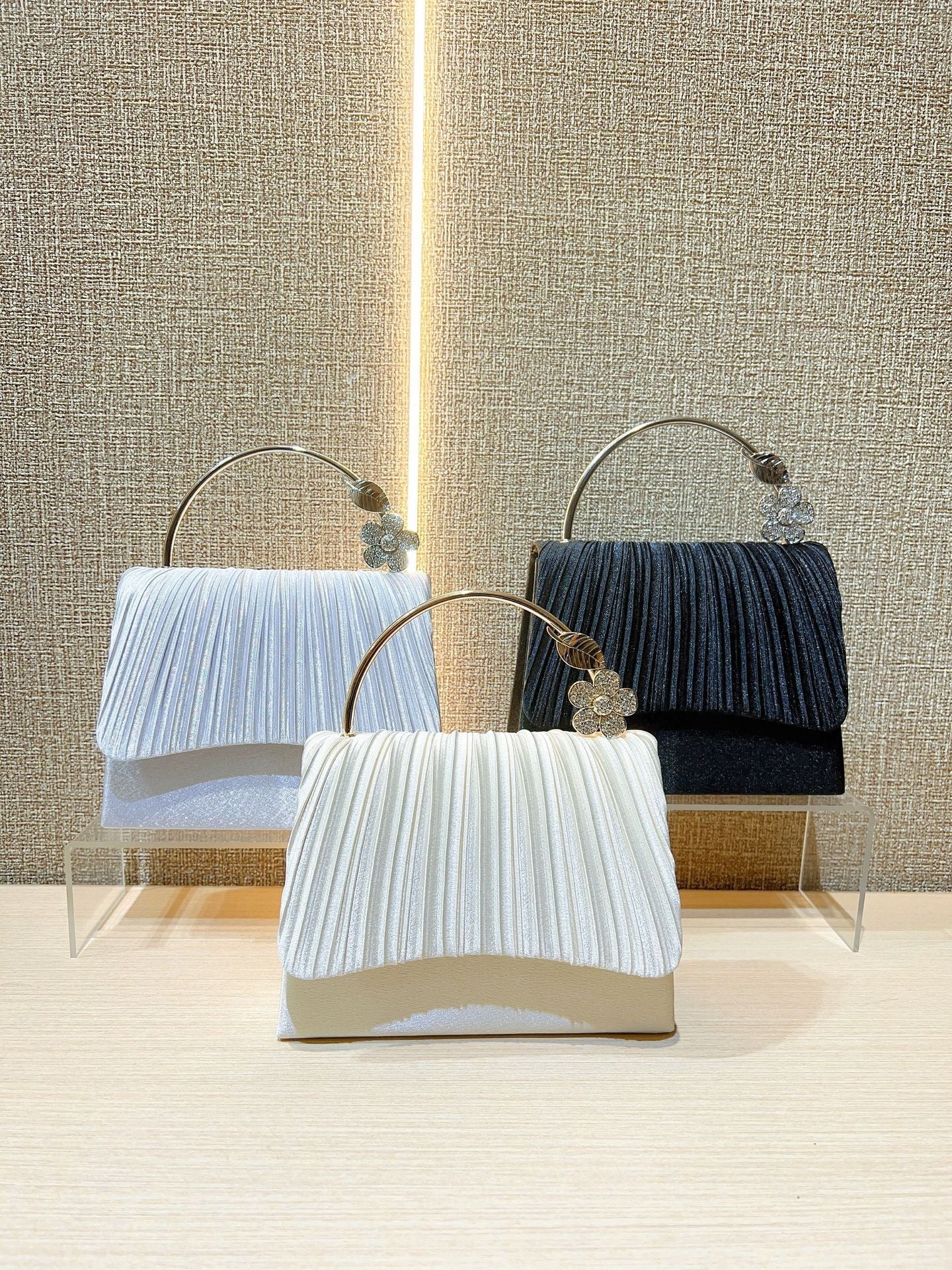 Pleated Satin Clutch with Crystal Flower Handle MNBF138