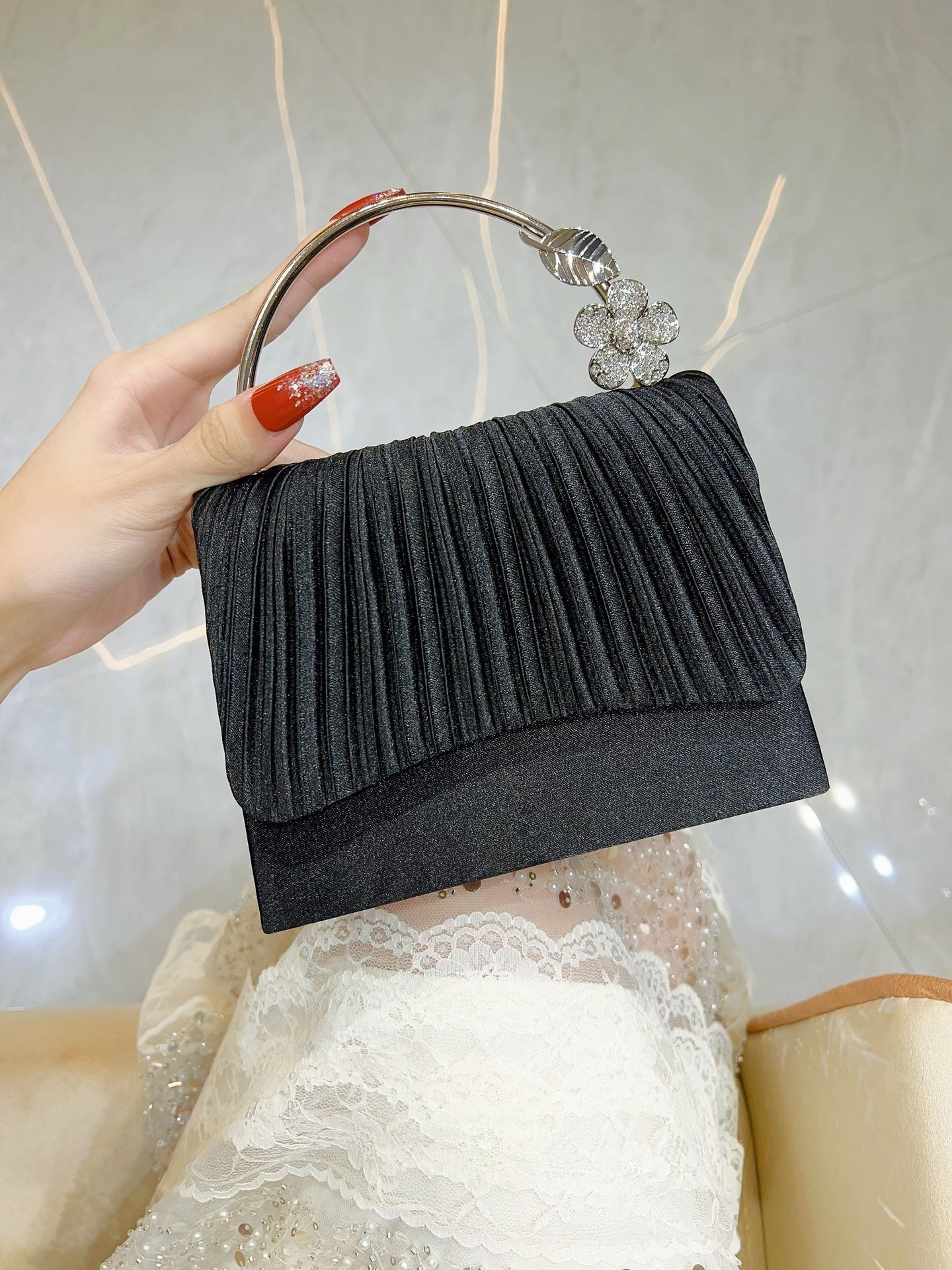 Pleated Satin Clutch with Crystal Flower Handle MNBF138