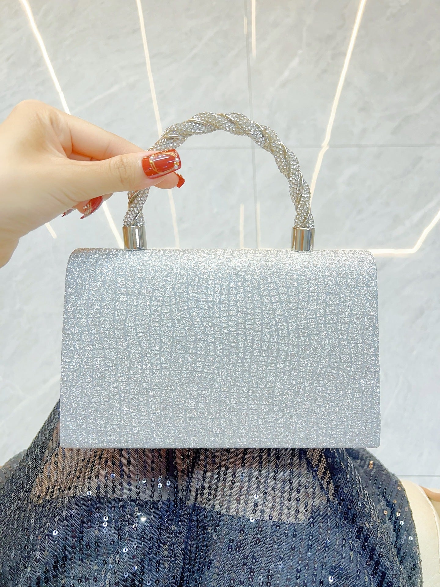 Glitter Textured Clutch with Crystal Top Handle MNBF141