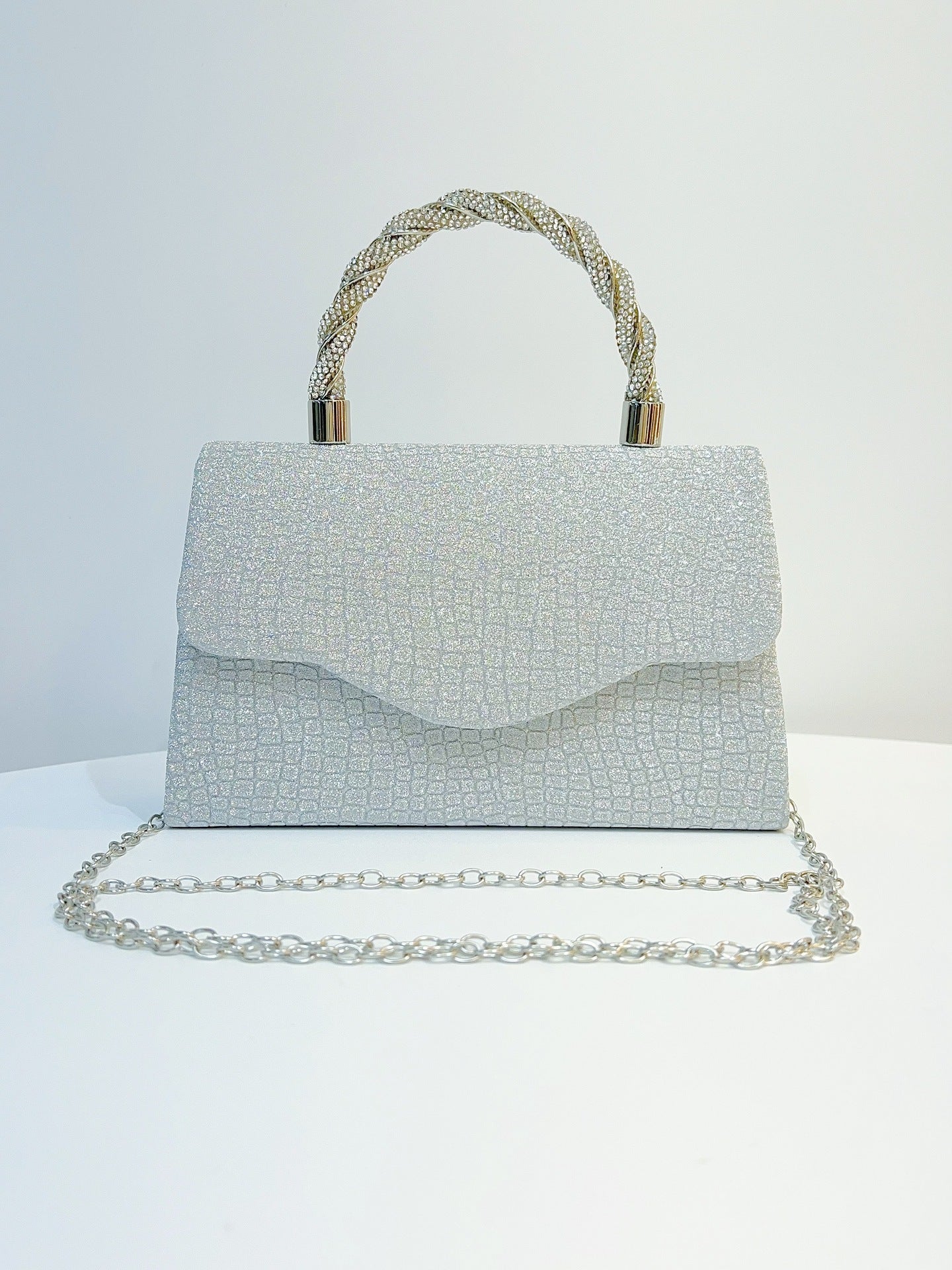 Glitter Textured Clutch with Crystal Top Handle MNBF141