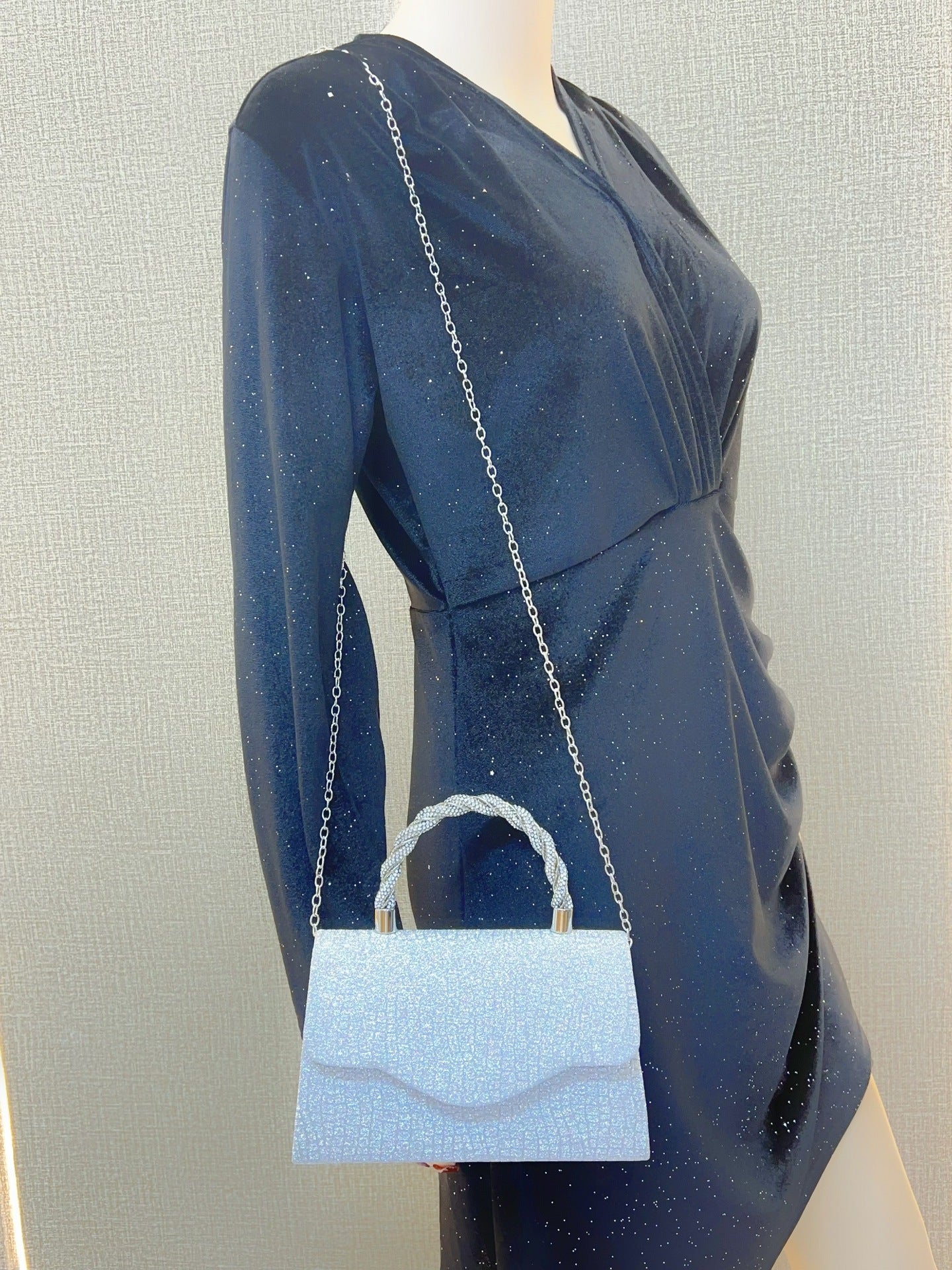 Glitter Textured Clutch with Crystal Top Handle MNBF141