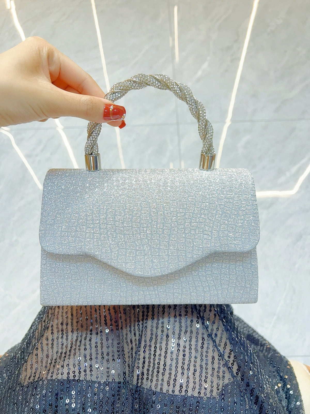 Glitter Textured Clutch with Crystal Top Handle MNBF141
