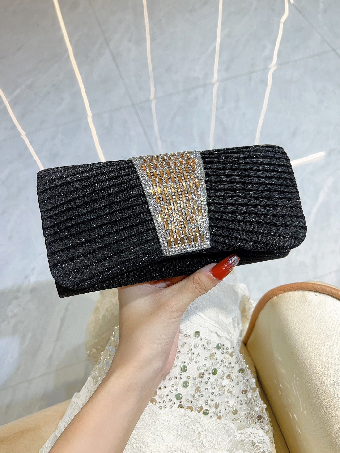 Pleated Crystal Bead Clutch MNBF142