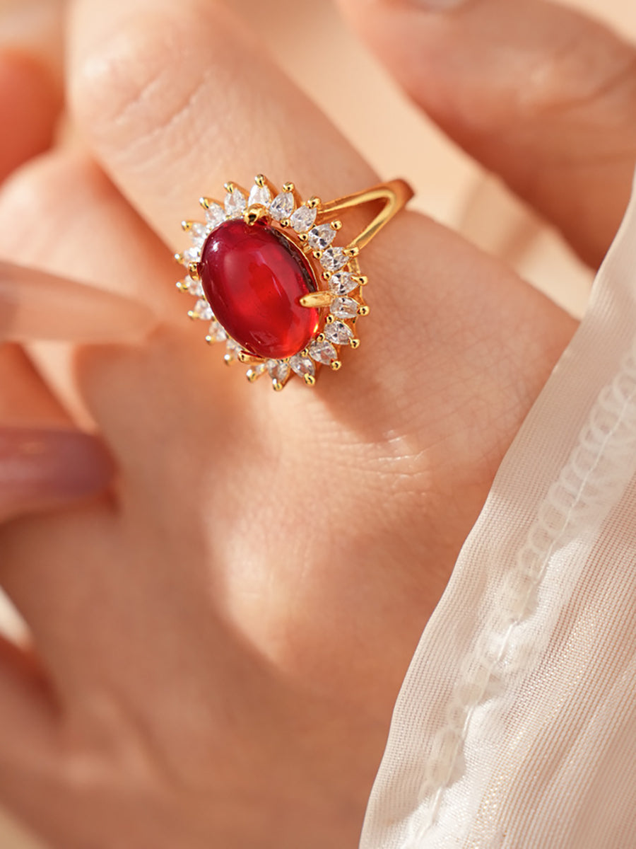 Oval Red Crystal Zircon Halo Ring MOZ1019