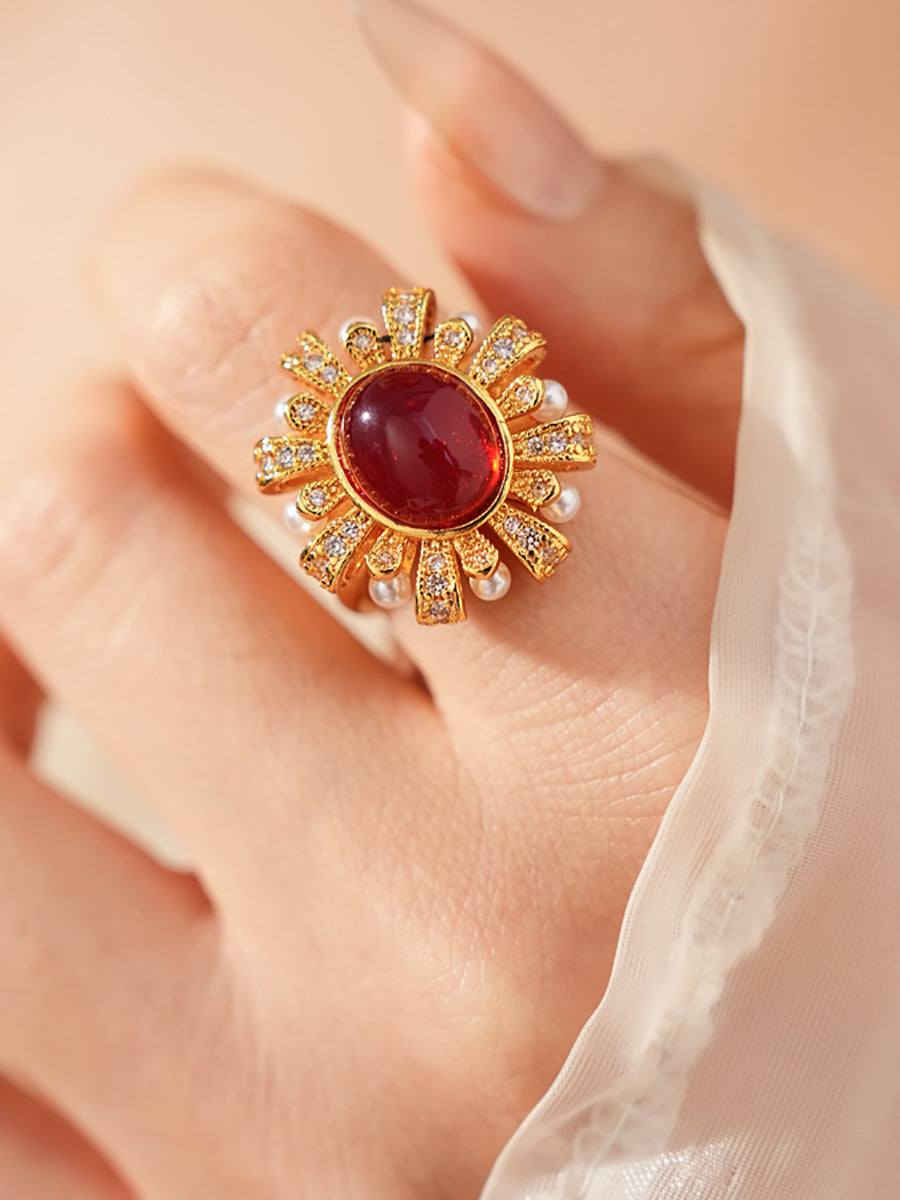Sunburst Red Crystal & Faux Pearl Ring MOZ1019