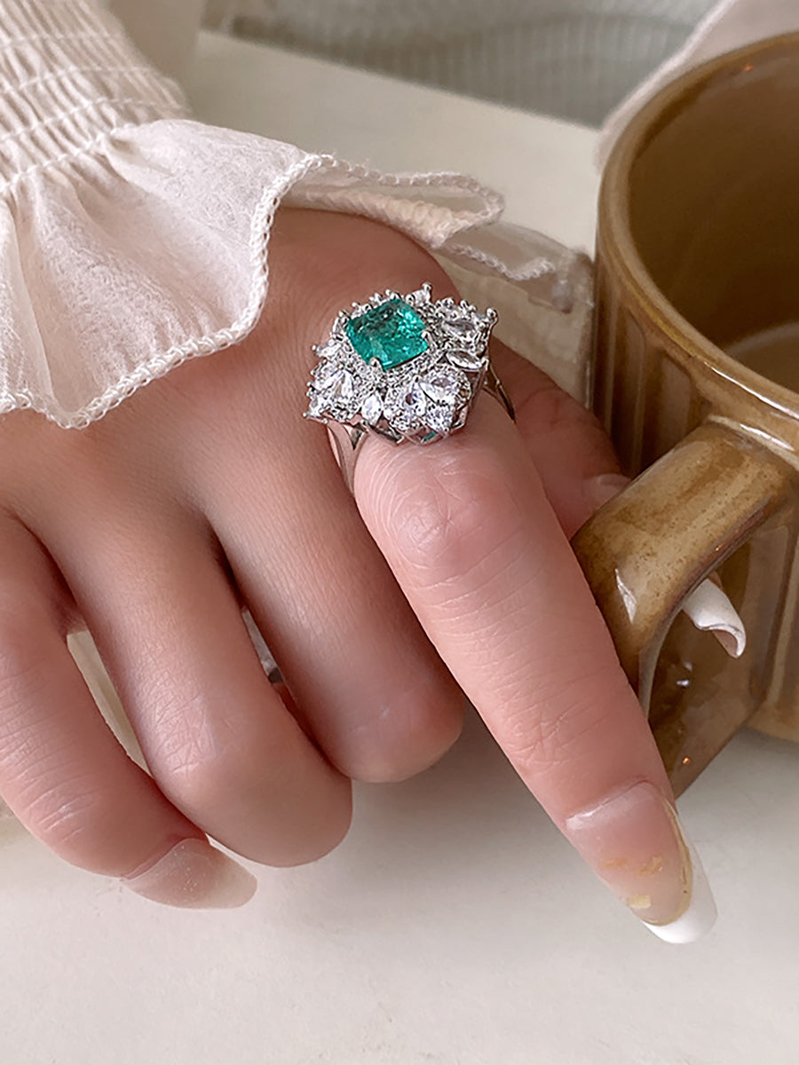 Emerald Green Zircon Rhombus Cluster Ring MOZ1021