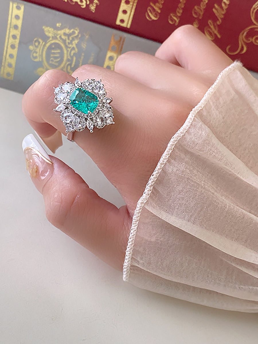 Emerald Green Zircon Rhombus Cluster Ring MOZ1021