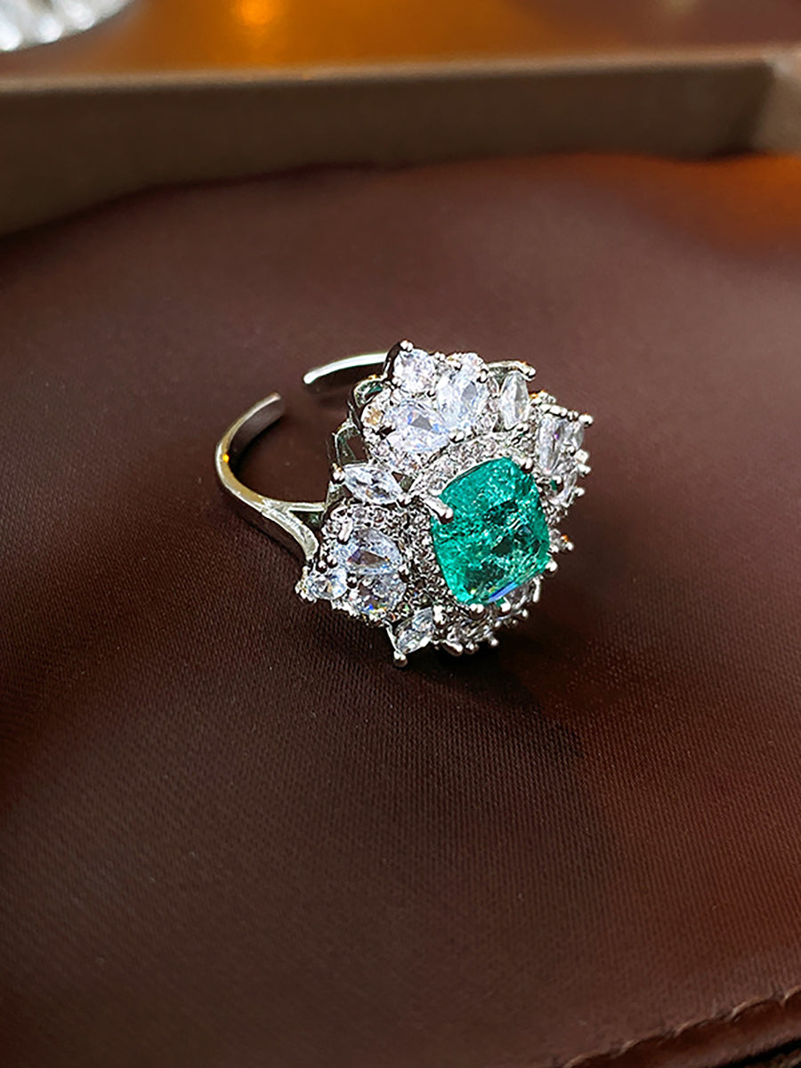 Emerald Green Zircon Rhombus Cluster Ring MOZ1021