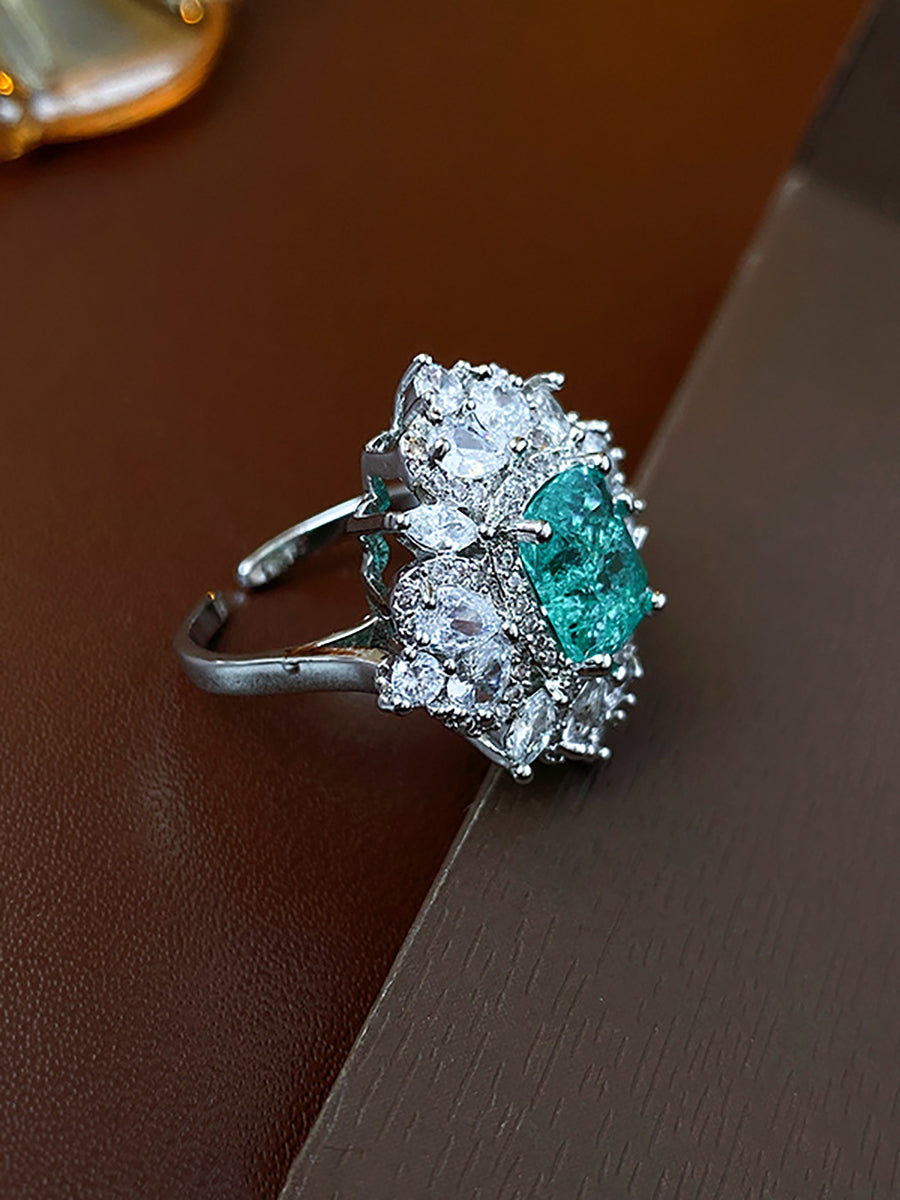 Emerald Green Zircon Rhombus Cluster Ring MOZ1021