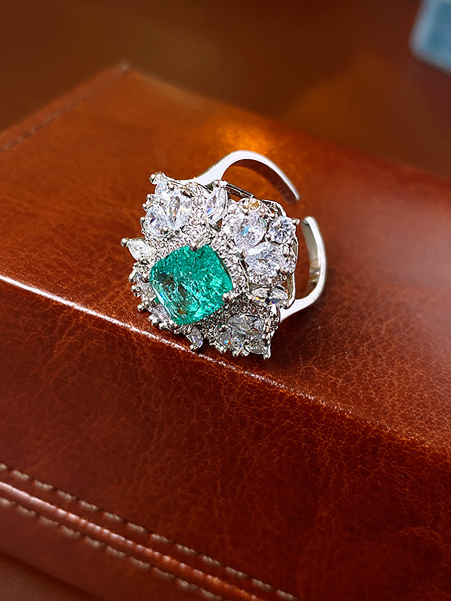 Emerald Green Zircon Rhombus Cluster Ring MOZ1021