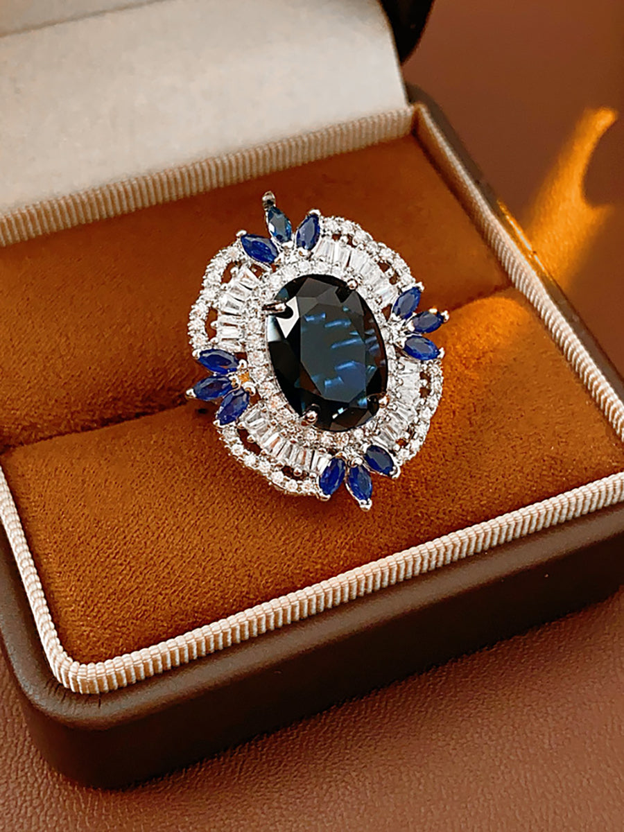 Oval Sapphire Blue Crystal Zircon Halo Ring MOZ1023