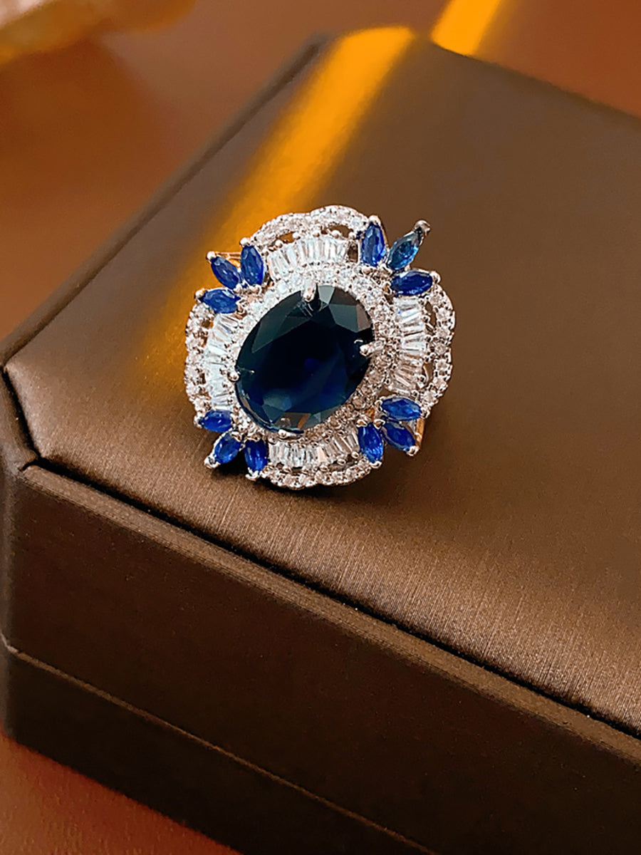 Oval Sapphire Blue Crystal Zircon Halo Ring MOZ1023