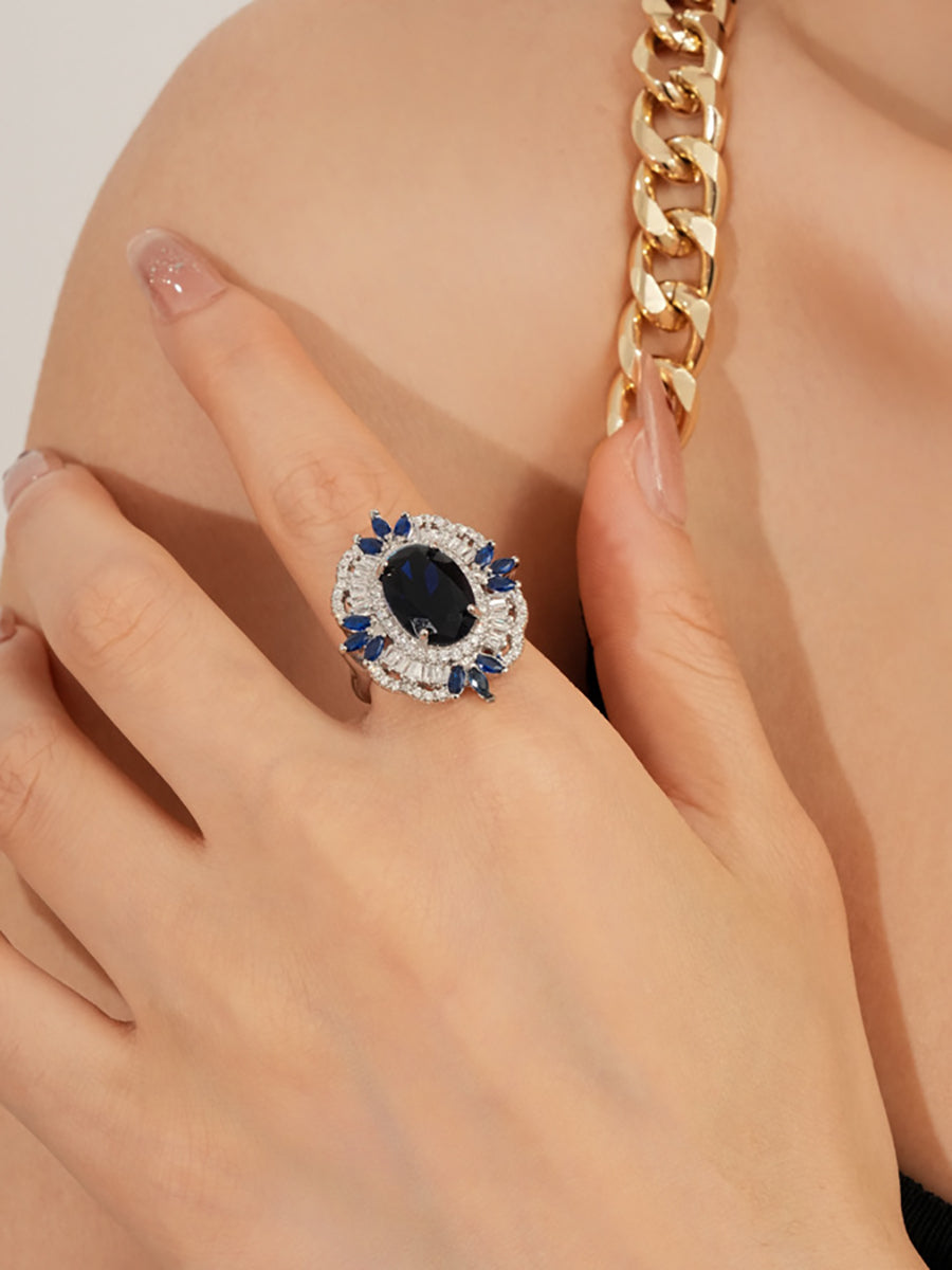 Oval Sapphire Blue Crystal Zircon Halo Ring MOZ1023