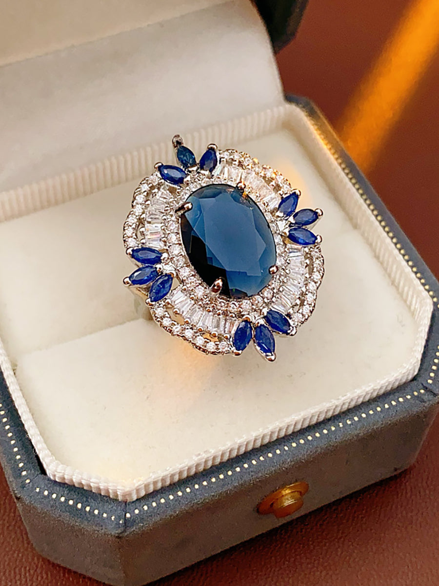 Oval Sapphire Blue Crystal Zircon Halo Ring MOZ1023