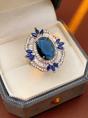 Oval Sapphire Blue Crystal Zircon Halo Ring MOZ1023