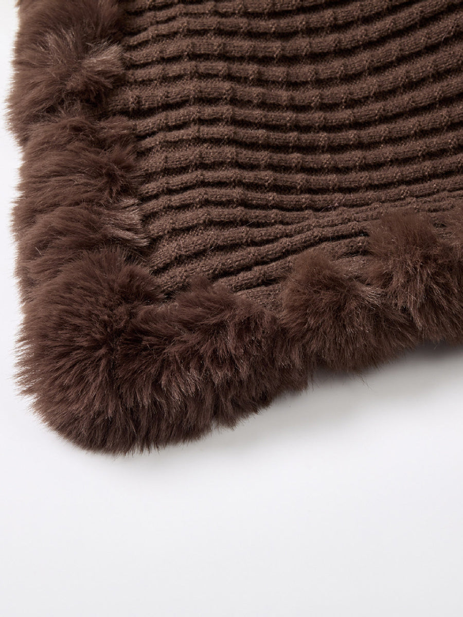 Plaid Soft Knitted Faux Fur Trim Poncho Shawl MSF033