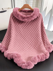 Plaid Soft Knitted Faux Fur Trim Poncho Shawl MSF033