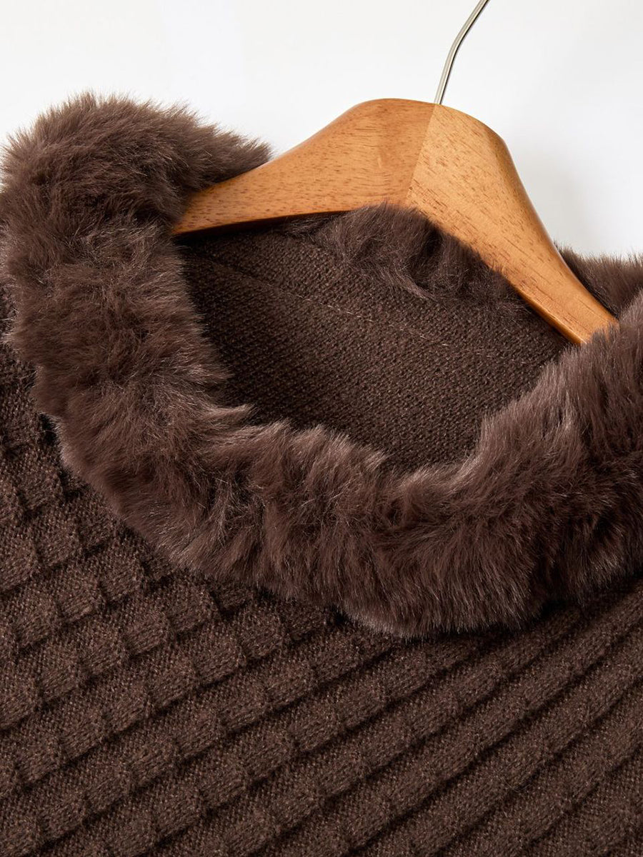 Plaid Soft Knitted Faux Fur Trim Poncho Shawl MSF033