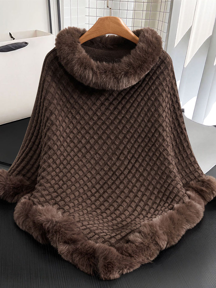 Plaid Soft Knitted Faux Fur Trim Poncho Shawl MSF033