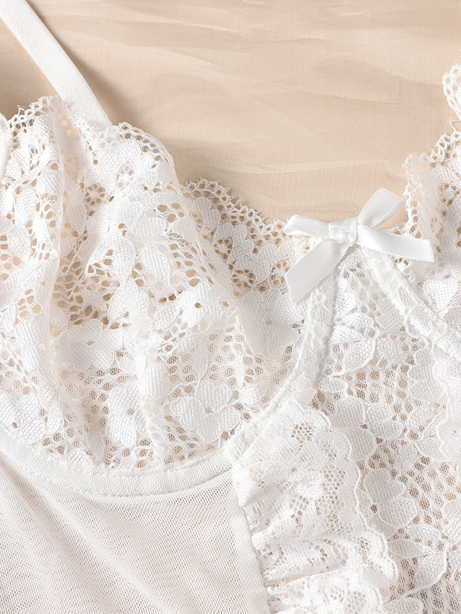 White Lace Bowknot Ruffled Teddy MSL072