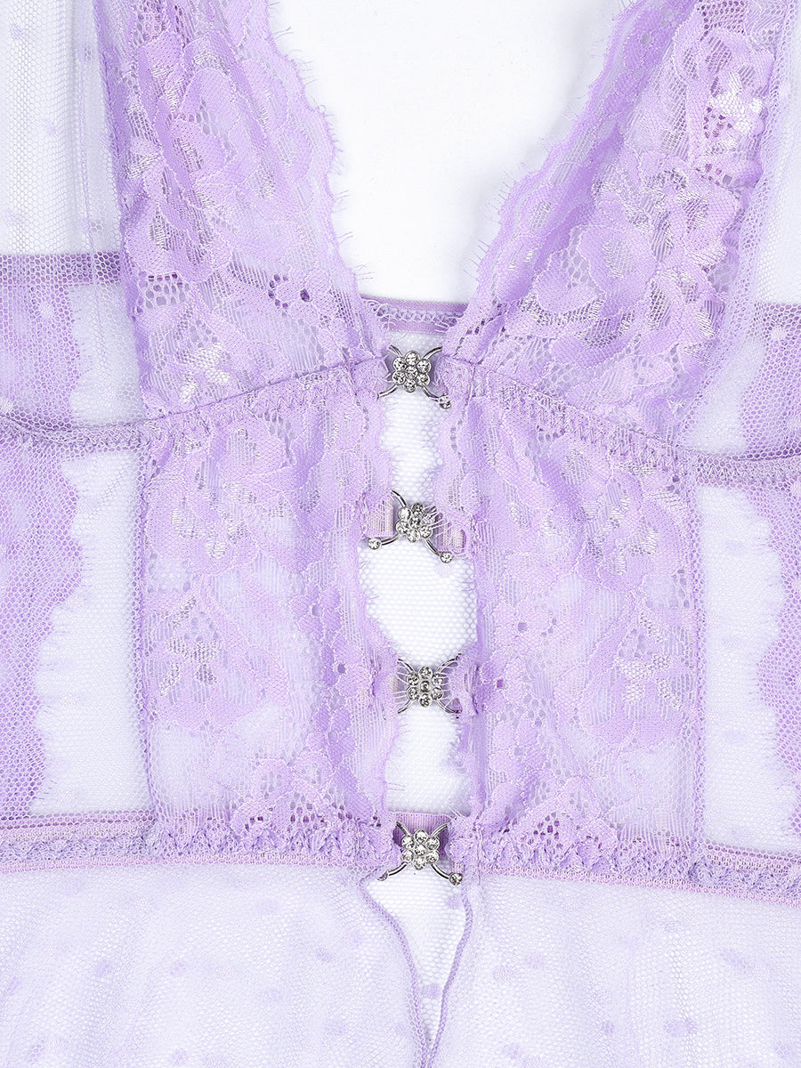 Lavender See-through Sexy Polka Dot Lace Two-piece Set MSL087