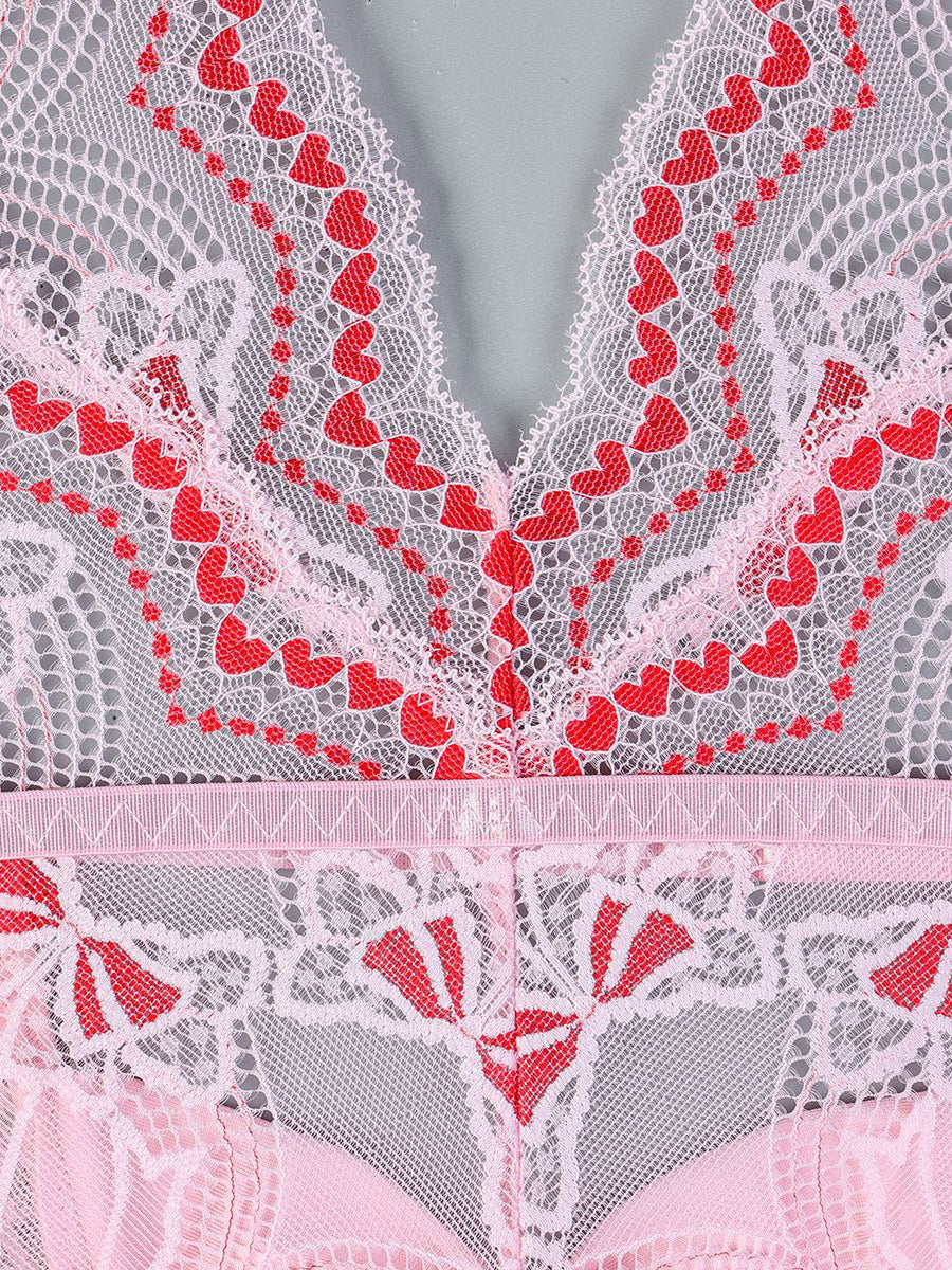 Pink Hollow Bowknot Lace Sexy Bodysuit MSL088