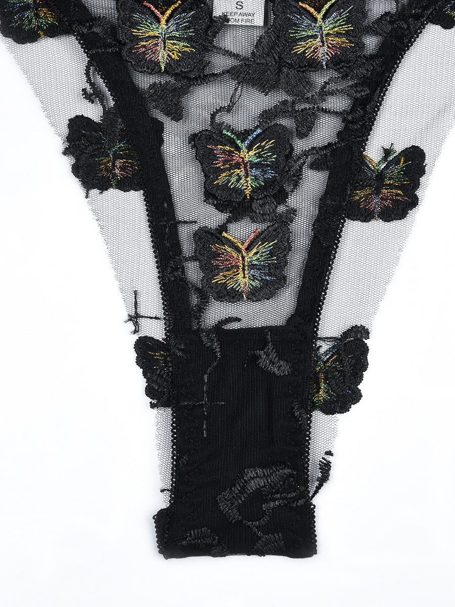 Black Appliqued Flower Sexy Two Set Lingerie MSL093