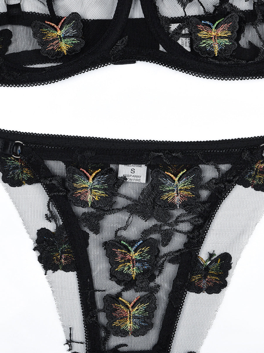 Black Appliqued Flower Sexy Two Set Lingerie MSL093