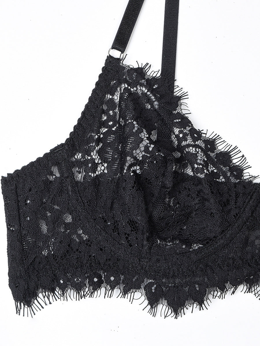 Black Lace Embroidered Ruffled Cutout Sexy Set MSL096